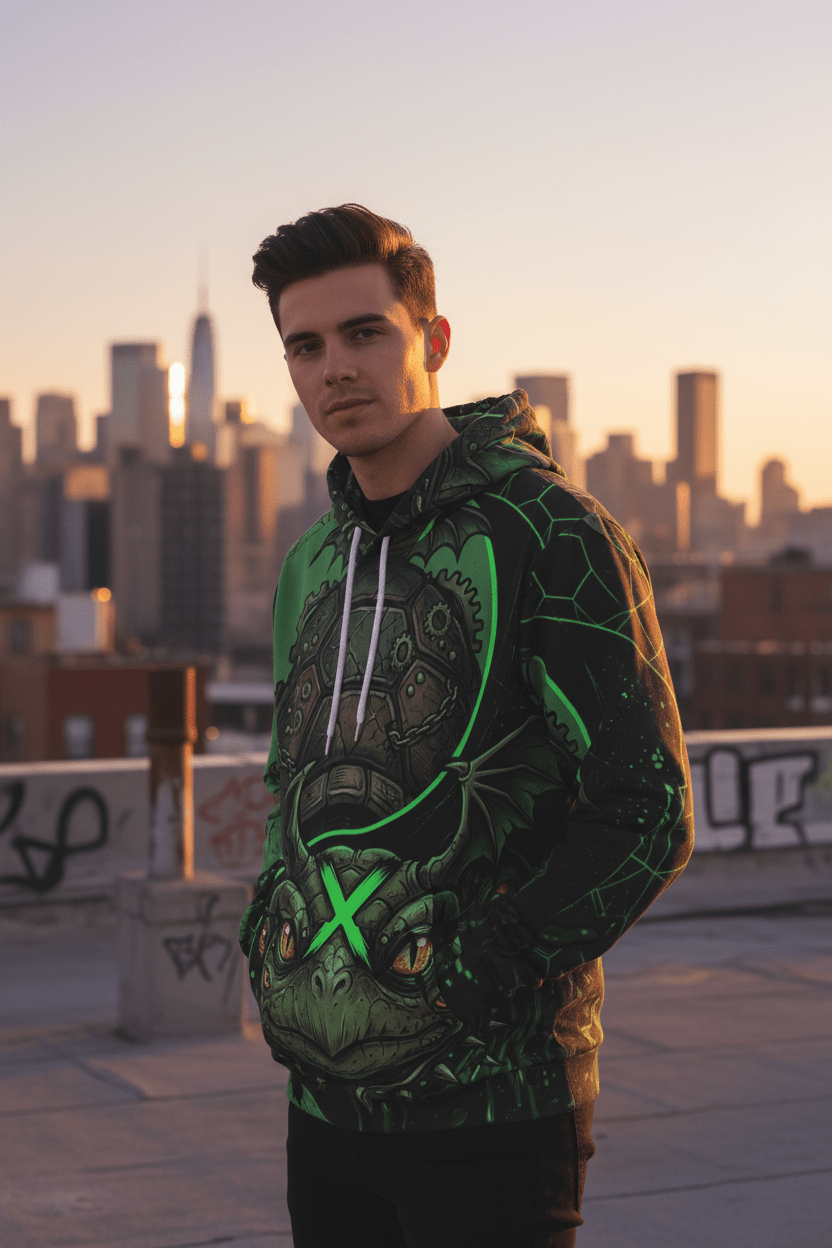 Neon Green Dragon Frog Streetwear Hoodie - Ying Yang CollectionEmber Spirit Apparel