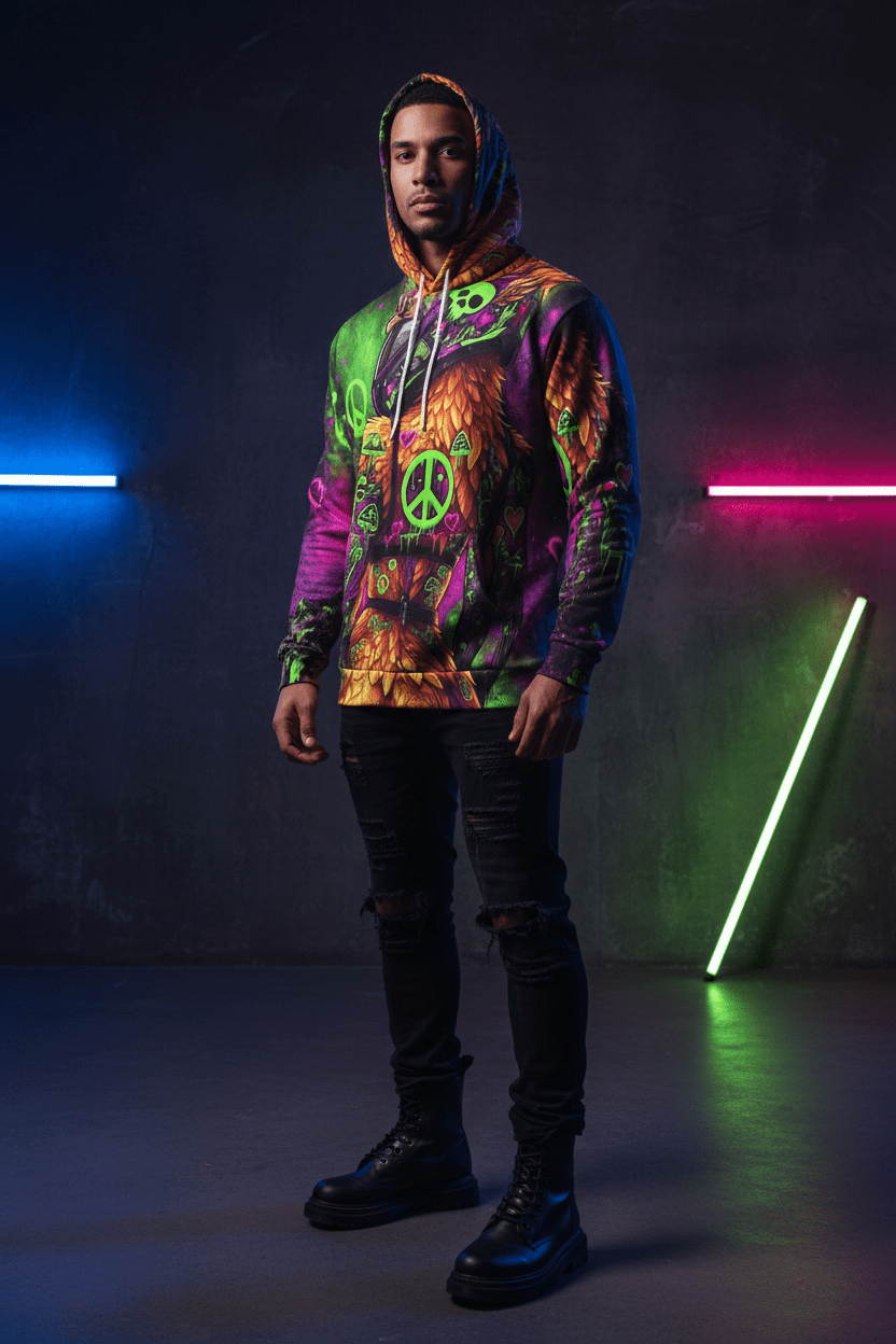 Neon Psychedelic Phoniex Hoodie — Ember Spirit Apparel Peace Skull DesignEmber Spirit Apparel
