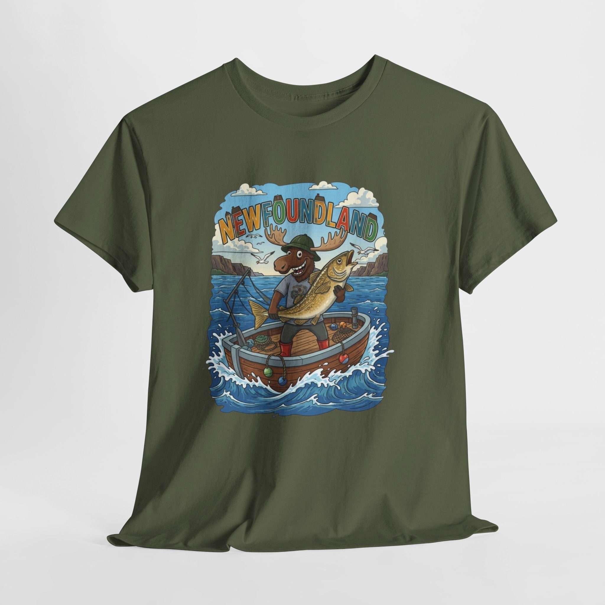 Newfoundland Fishing Moose Tee – Unisex Graphic ShirtEmber Spirit Apparel