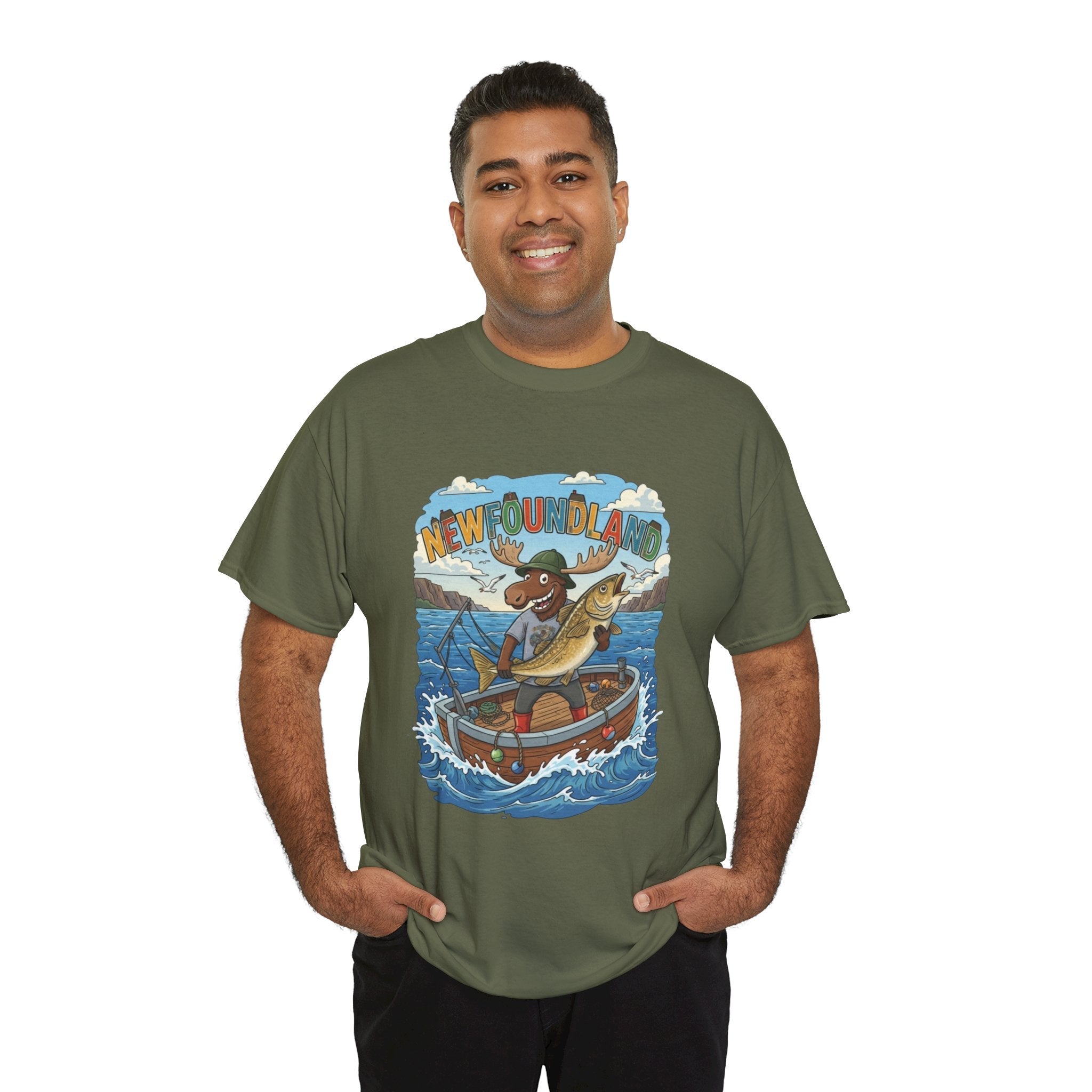 Newfoundland Fishing Moose Tee – Unisex Graphic ShirtEmber Spirit Apparel