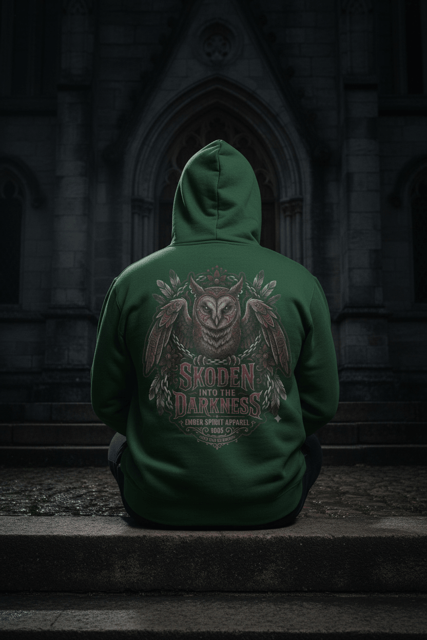 Owl College Hoodie – “Skoken Into The Darkness” Gothic School Spirit SweatshirtEmber Spirit Apparel