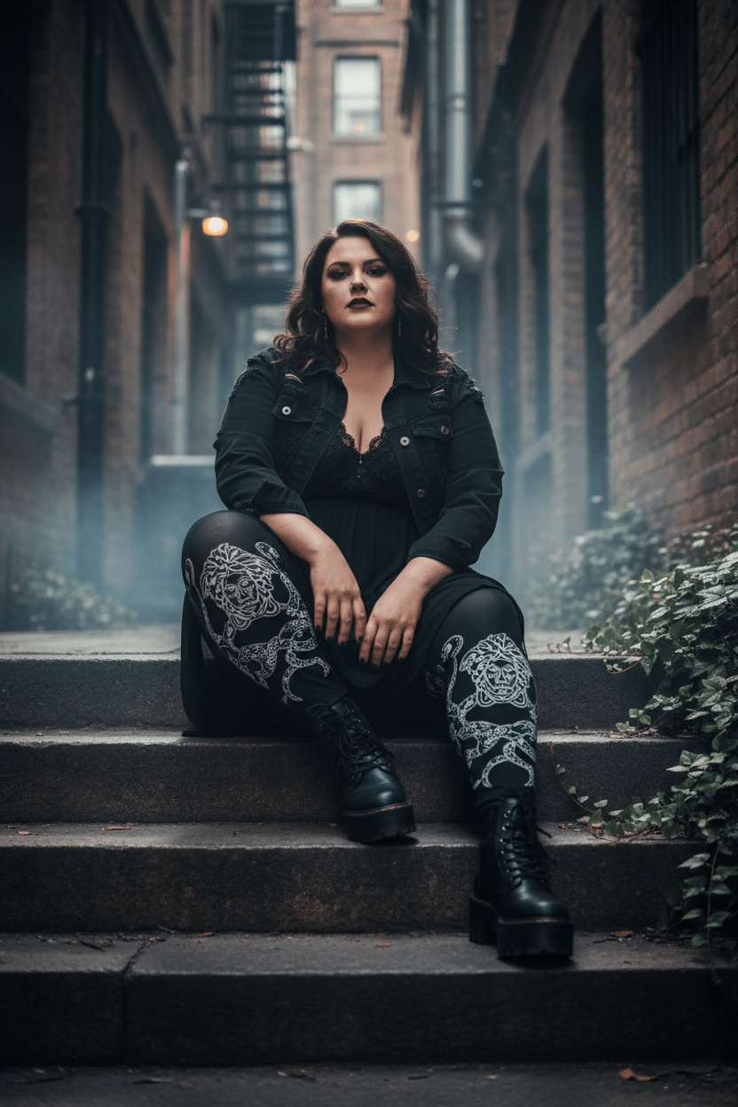 Plus Size Medusa Leggings — Gothic Black & White All - Over Print.Ember Spirit Apparel