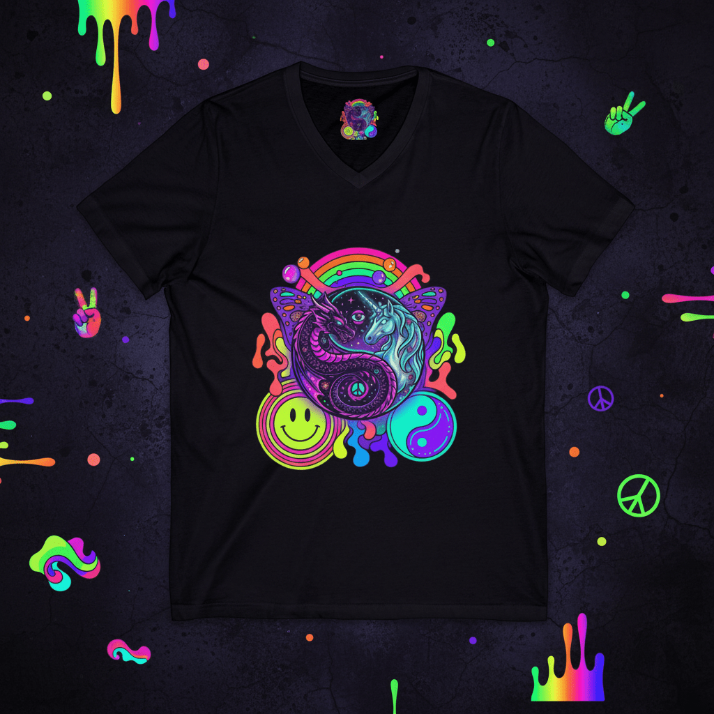 Psychedelic Yin Yang Dragon & Unicorn V - Neck Tee — Retro Rainbow Smiley GraphicEmber Spirit Apparel