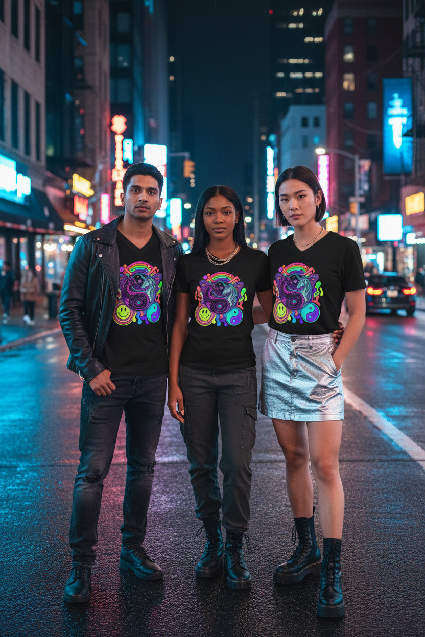 Psychedelic Yin Yang Dragon & Unicorn V - Neck Tee — Retro Rainbow Smiley GraphicEmber Spirit Apparel