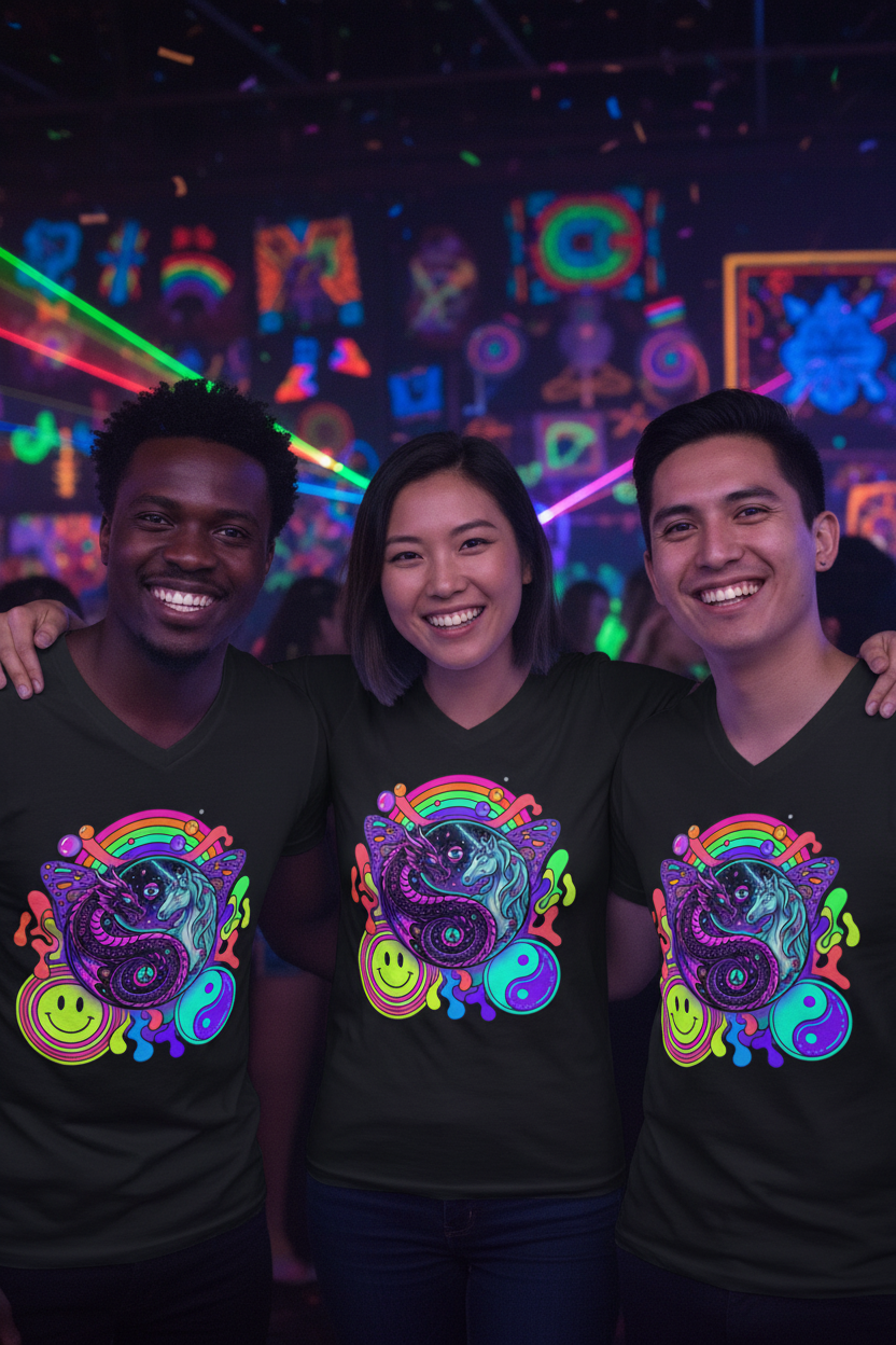 Psychedelic Yin Yang Dragon & Unicorn V - Neck Tee — Retro Rainbow Smiley GraphicEmber Spirit Apparel