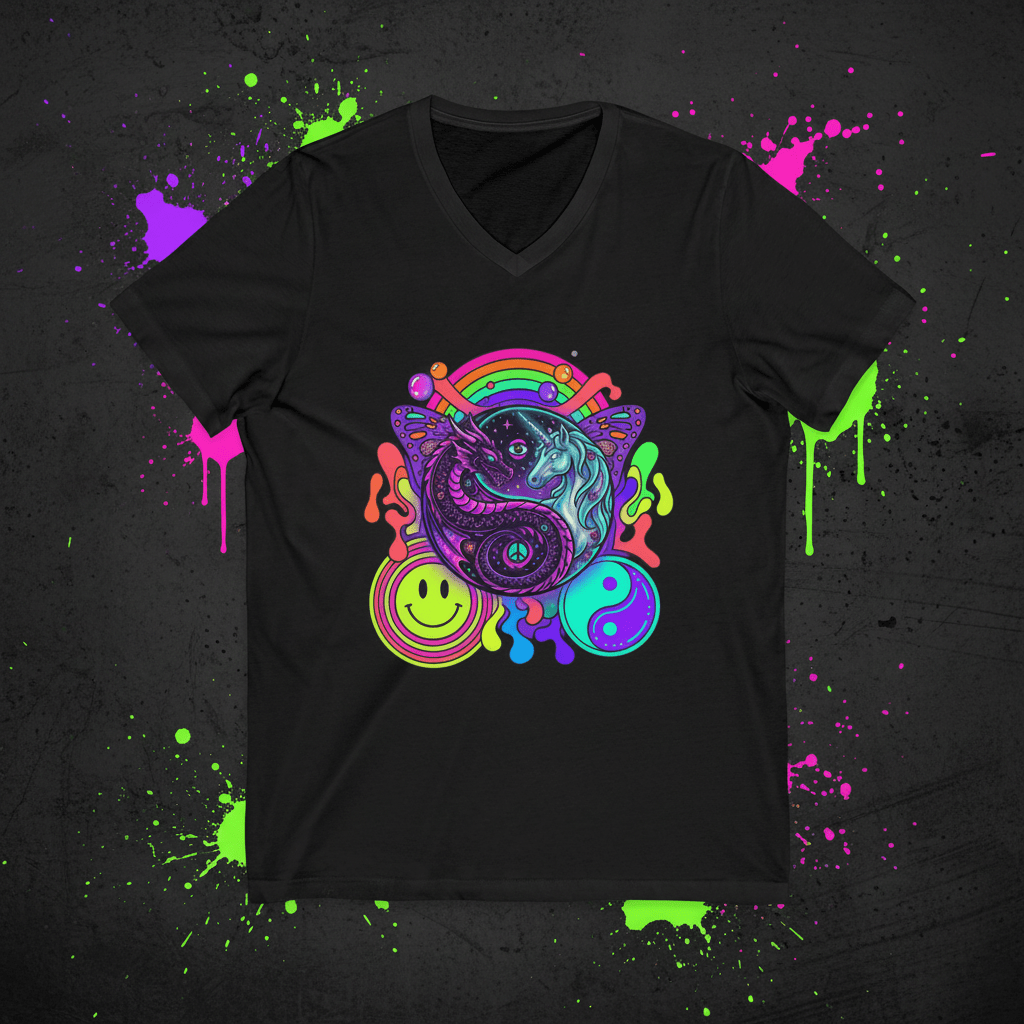 Psychedelic Yin Yang Dragon & Unicorn V - Neck Tee — Retro Rainbow Smiley GraphicEmber Spirit Apparel