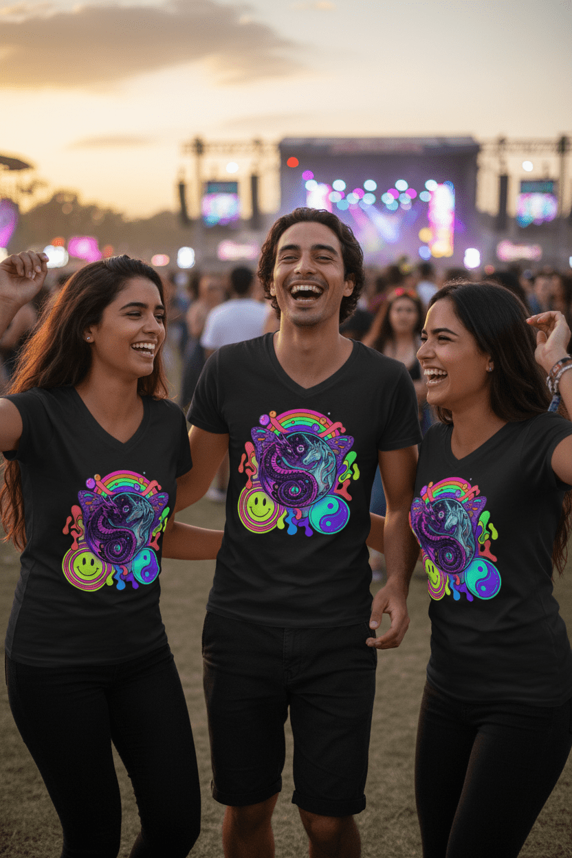 Psychedelic Yin Yang Dragon & Unicorn V - Neck Tee — Retro Rainbow Smiley GraphicEmber Spirit Apparel