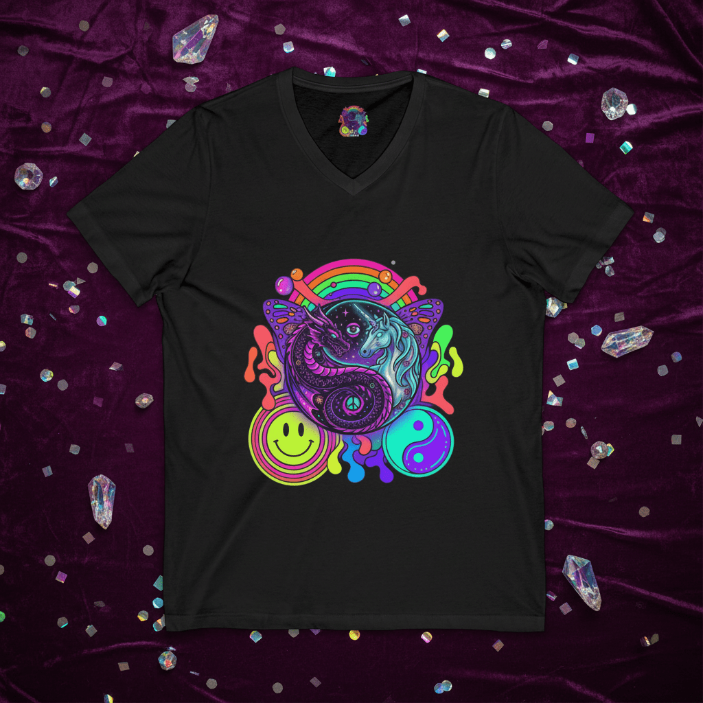 Psychedelic Yin Yang Dragon & Unicorn V - Neck Tee — Retro Rainbow Smiley GraphicEmber Spirit Apparel