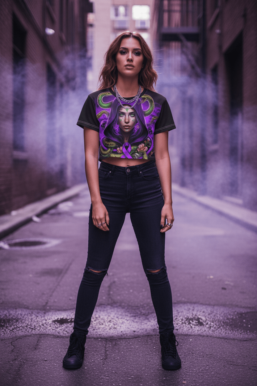 Purple Medusa Mystic Crop Tee — Domestic Violence Awareness Streetwear .Ember Spirit Apparel