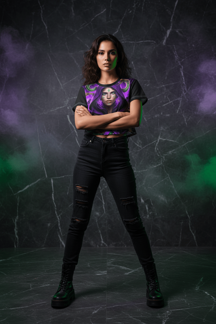 Purple Medusa Mystic Crop Tee — Domestic Violence Awareness Streetwear .Ember Spirit Apparel