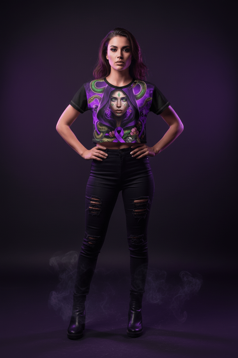 Purple Medusa Mystic Crop Tee — Domestic Violence Awareness Streetwear .Ember Spirit Apparel