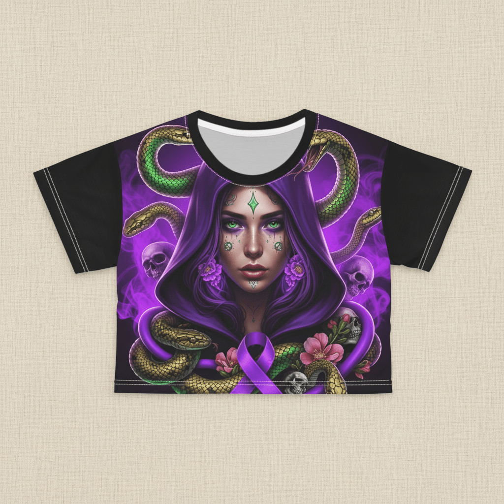 Purple Medusa Mystic Crop Tee — Domestic Violence Awareness Streetwear .Ember Spirit Apparel