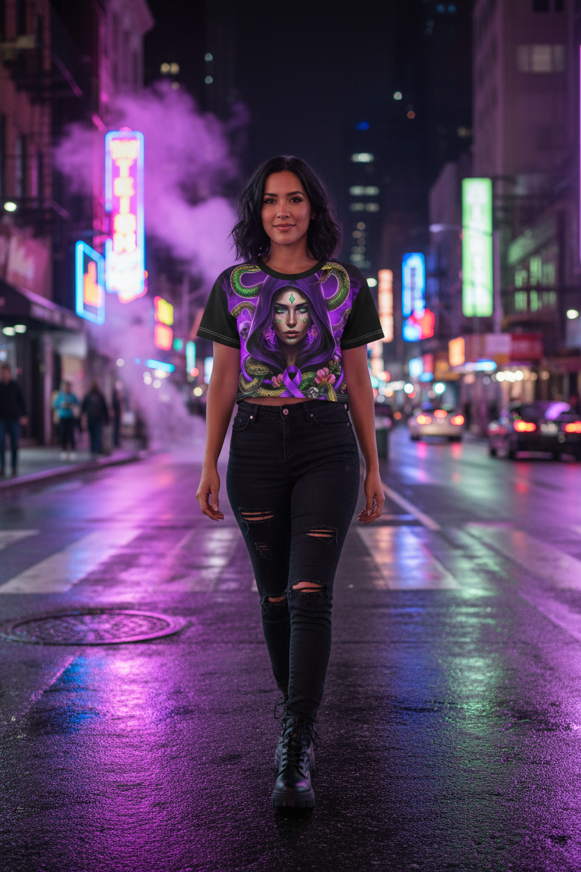 Purple Medusa Mystic Crop Tee — Domestic Violence Awareness Streetwear .Ember Spirit Apparel