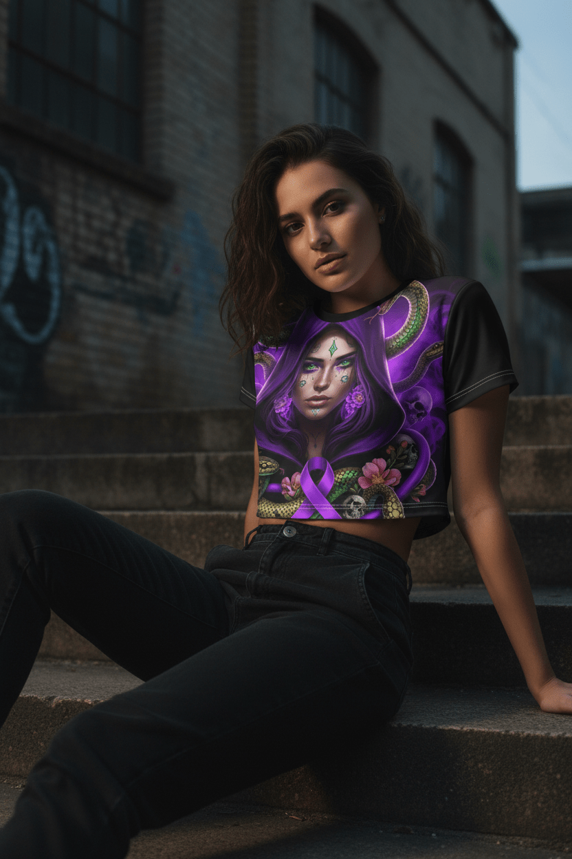 Purple Medusa Mystic Crop Tee — Domestic Violence Awareness Streetwear .Ember Spirit Apparel