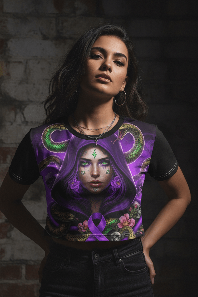 Purple Medusa Mystic Crop Tee — Domestic Violence Awareness Streetwear .Ember Spirit Apparel