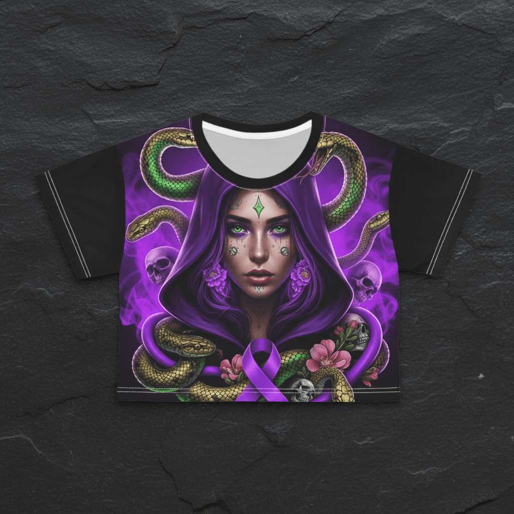 Purple Medusa Mystic Crop Tee — Domestic Violence Awareness Streetwear .Ember Spirit Apparel