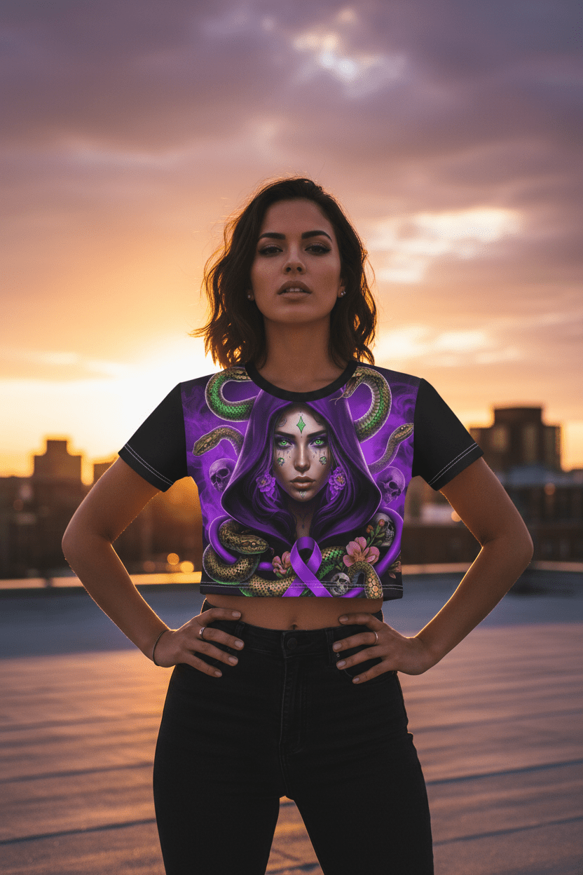 Purple Medusa Mystic Crop Tee — Domestic Violence Awareness Streetwear .Ember Spirit Apparel