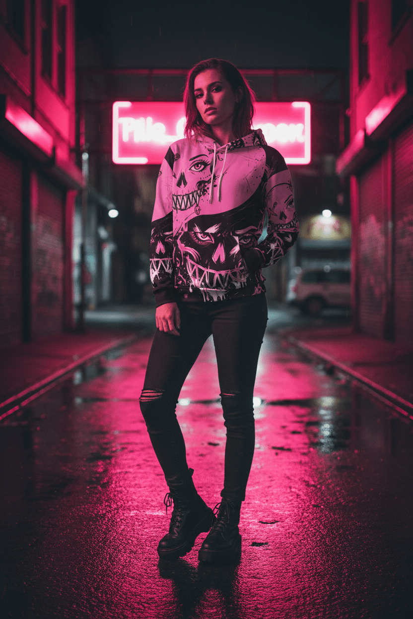 Queen of Darkness Pink Grunge Alternative Hoodie — Edgy All - Over Print Fashion HoodieEmber Spirit Apparel