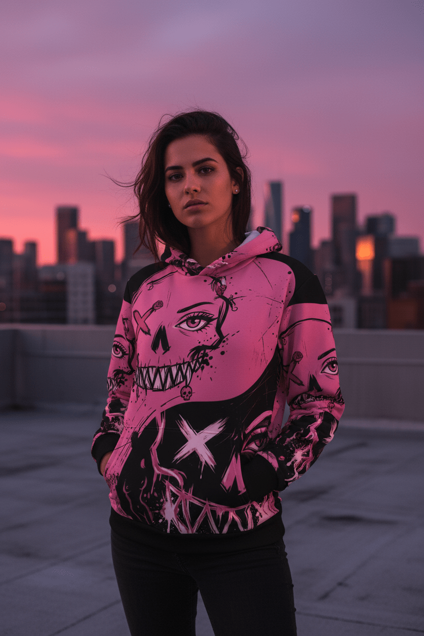 Queen of Darkness Pink Grunge Alternative Hoodie — Edgy All - Over Print Fashion HoodieEmber Spirit Apparel