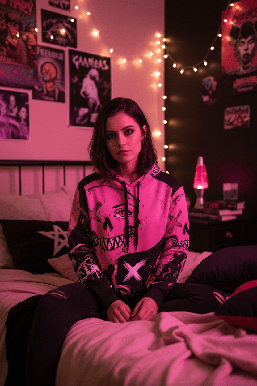 Queen of Darkness Pink Grunge Alternative Hoodie — Edgy All - Over Print Fashion HoodieEmber Spirit Apparel