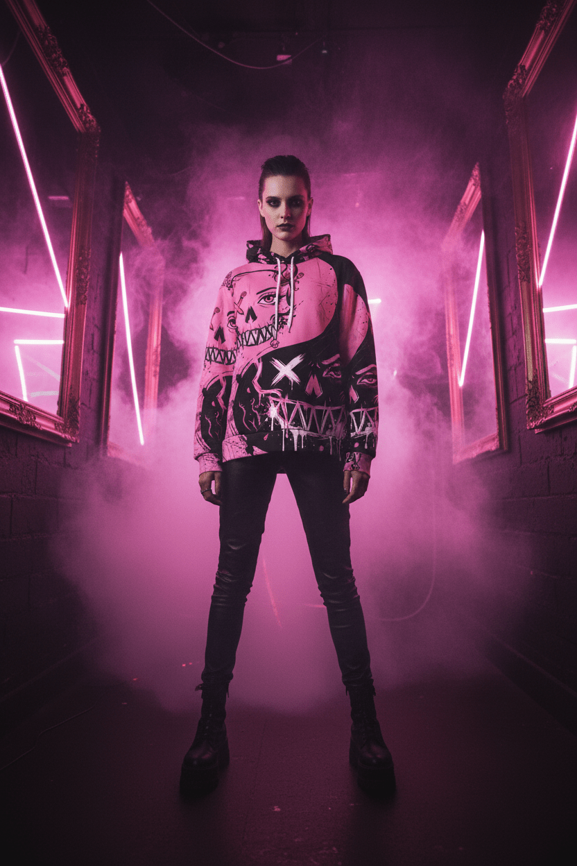 Queen of Darkness Pink Grunge Alternative Hoodie — Edgy All - Over Print Fashion HoodieEmber Spirit Apparel