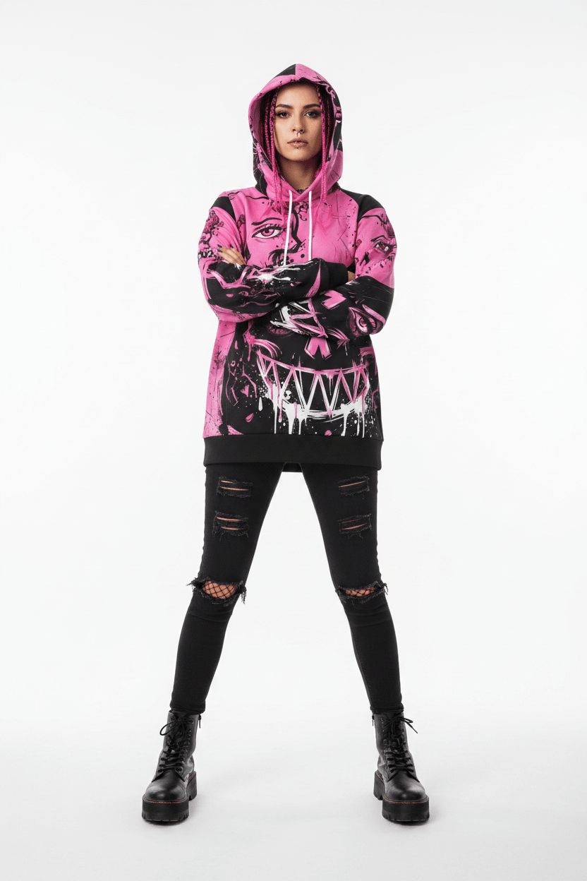 Queen of Darkness Pink Grunge Alternative Hoodie — Edgy All - Over Print Fashion HoodieEmber Spirit Apparel
