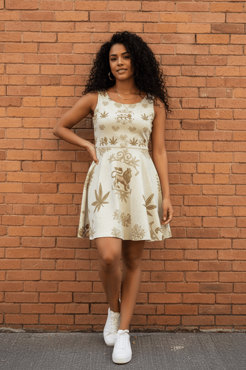 Rastafari Lion Skater Dress — Vintage Cannabis Leaf PatternEmber Spirit Apparel