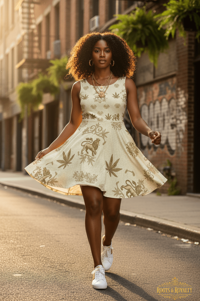 Rastafari Lion Skater Dress — Vintage Cannabis Leaf PatternEmber Spirit Apparel