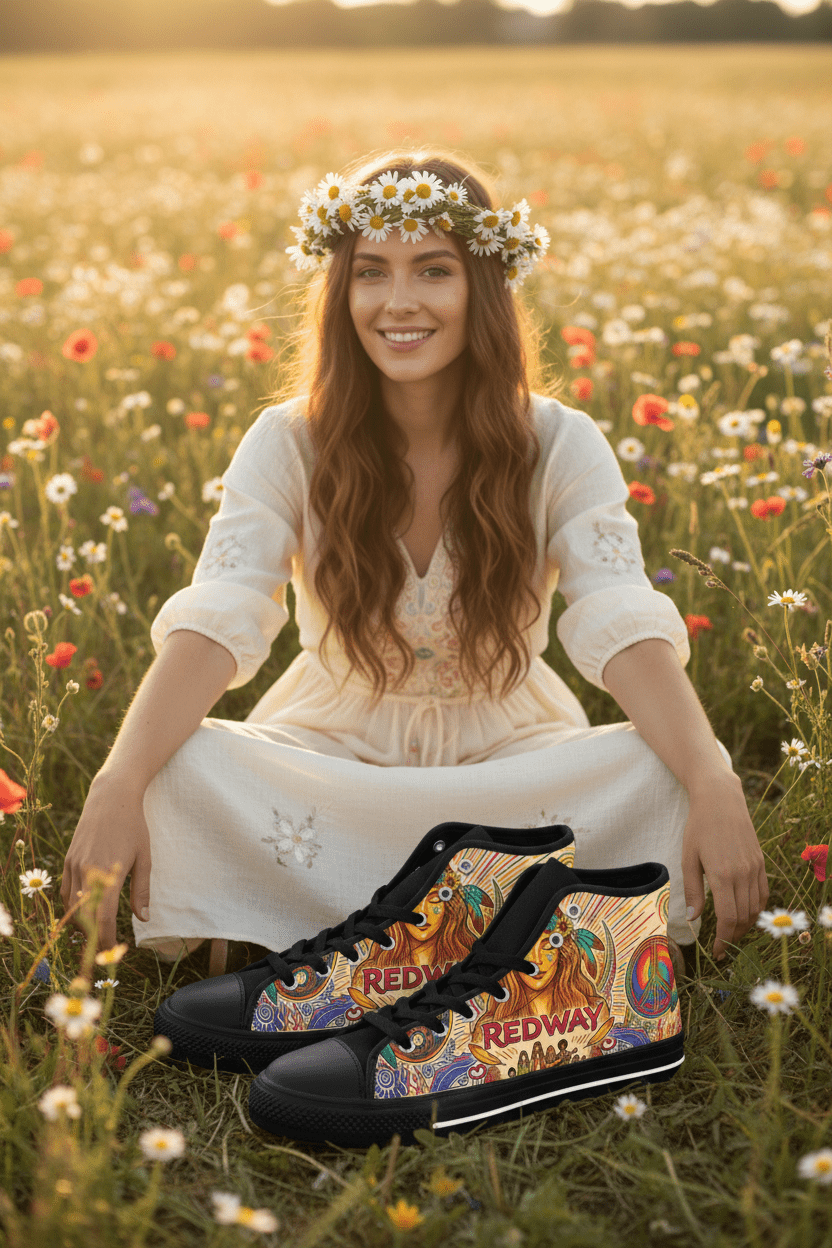 Redway Hippie Matriarch Sneakers — Retro Peace & Flower Power DesignEmber Spirit Apparel