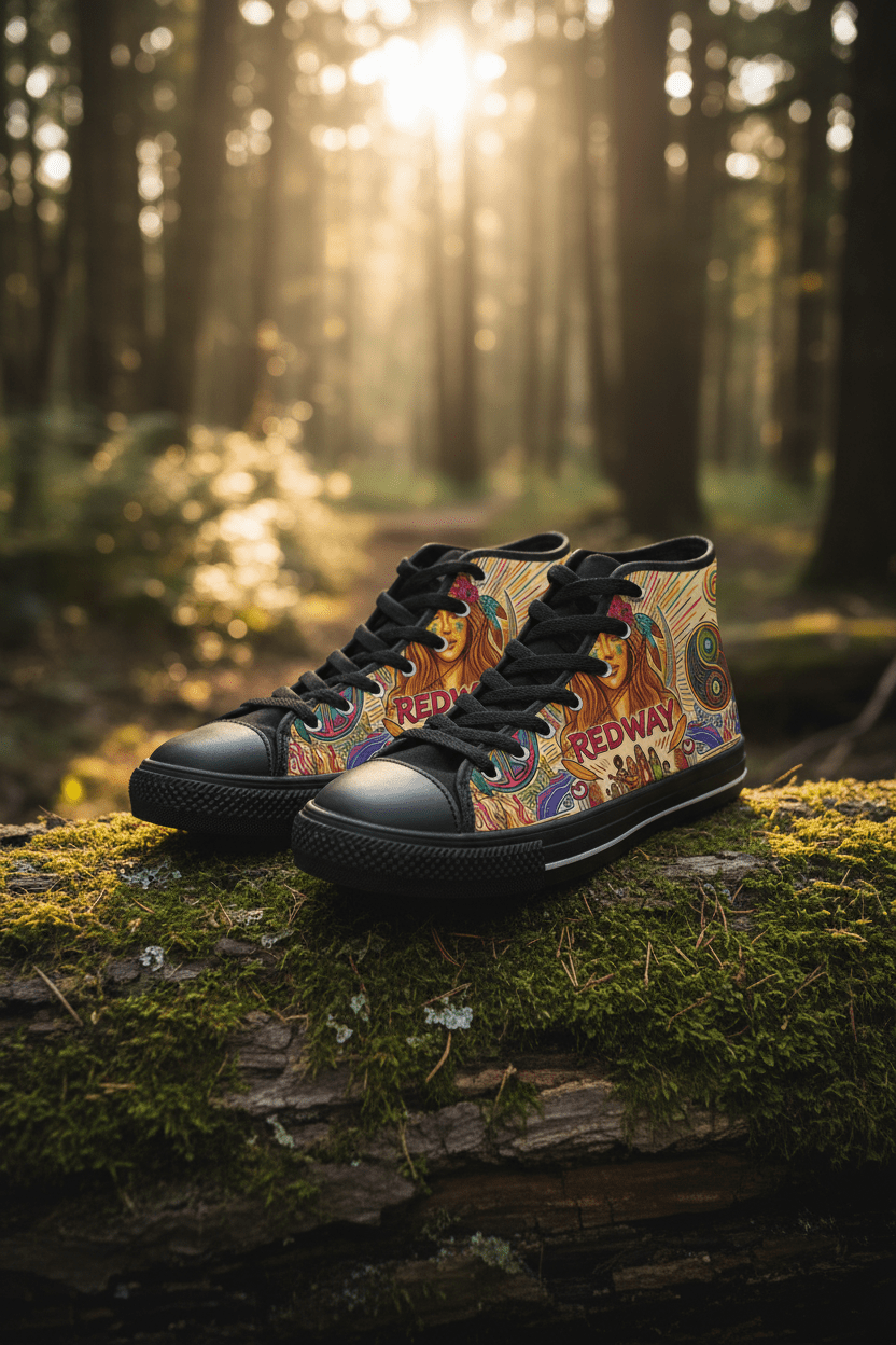 Redway Hippie Matriarch Sneakers — Retro Peace & Flower Power DesignEmber Spirit Apparel