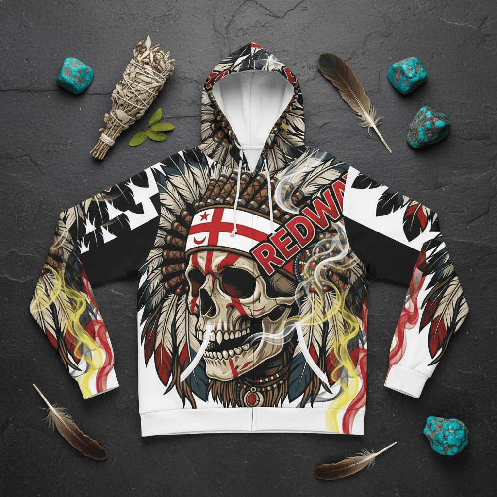 Redway Skull Hooded Sweatshirt — Native Headdress Graphic HoodieEmber Spirit Apparel