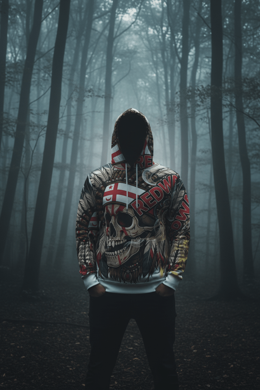 Redway Skull Hooded Sweatshirt — Native Headdress Graphic HoodieEmber Spirit Apparel