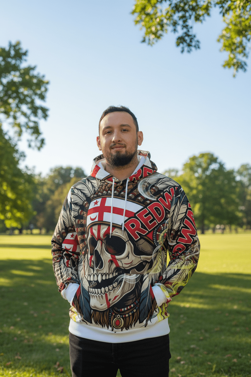 Redway Skull Hooded Sweatshirt — Native Headdress Graphic HoodieEmber Spirit Apparel