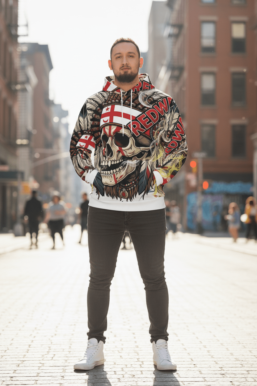 Redway Skull Hooded Sweatshirt — Native Headdress Graphic HoodieEmber Spirit Apparel