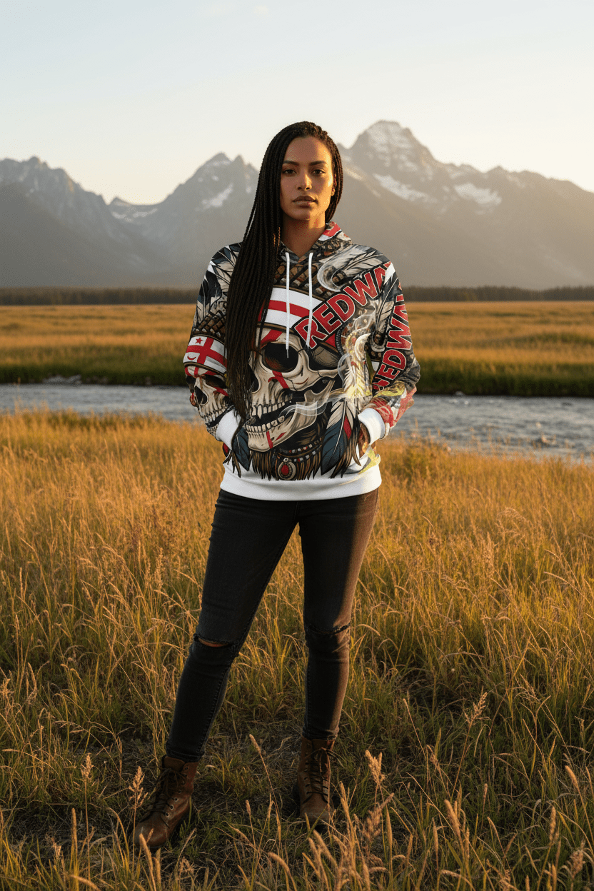 Redway Skull Hooded Sweatshirt — Native Headdress Graphic HoodieEmber Spirit Apparel