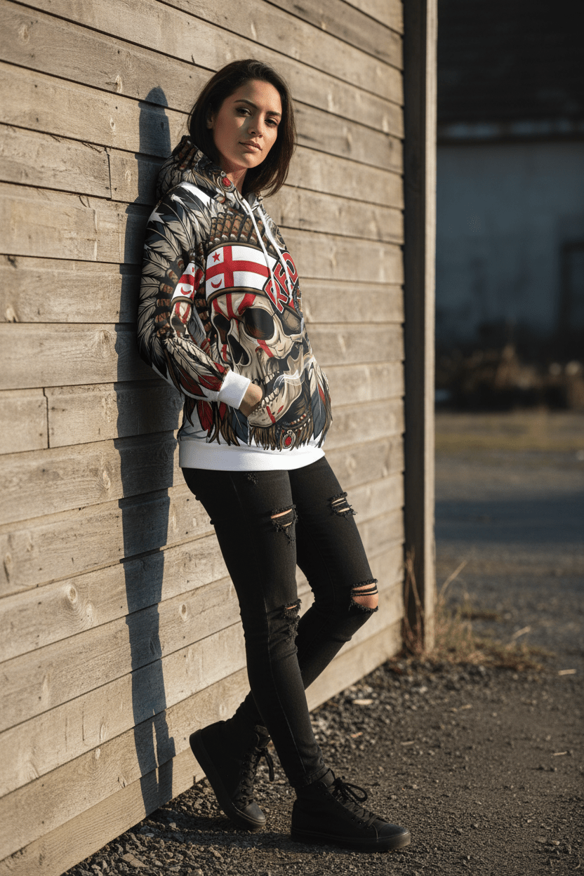 Redway Skull Hooded Sweatshirt — Native Headdress Graphic HoodieEmber Spirit Apparel