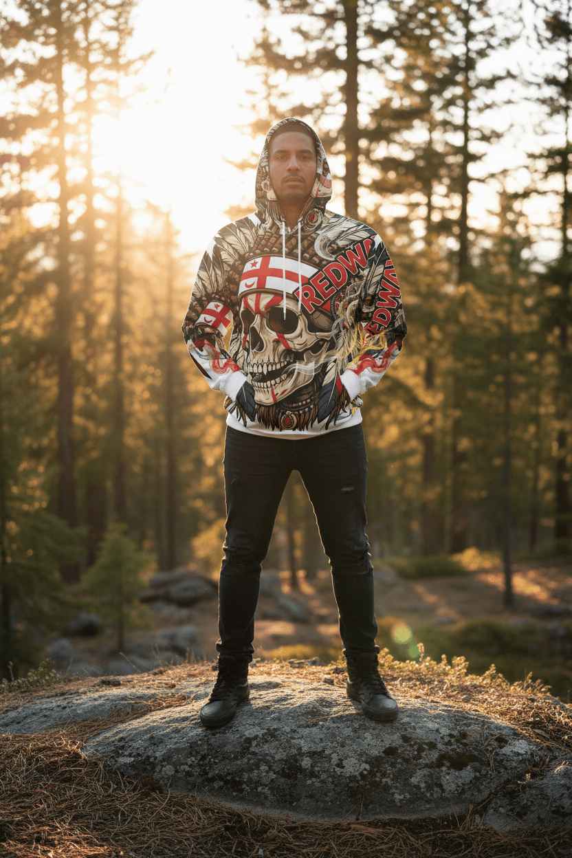 Redway Skull Hooded Sweatshirt — Native Headdress Graphic HoodieEmber Spirit Apparel