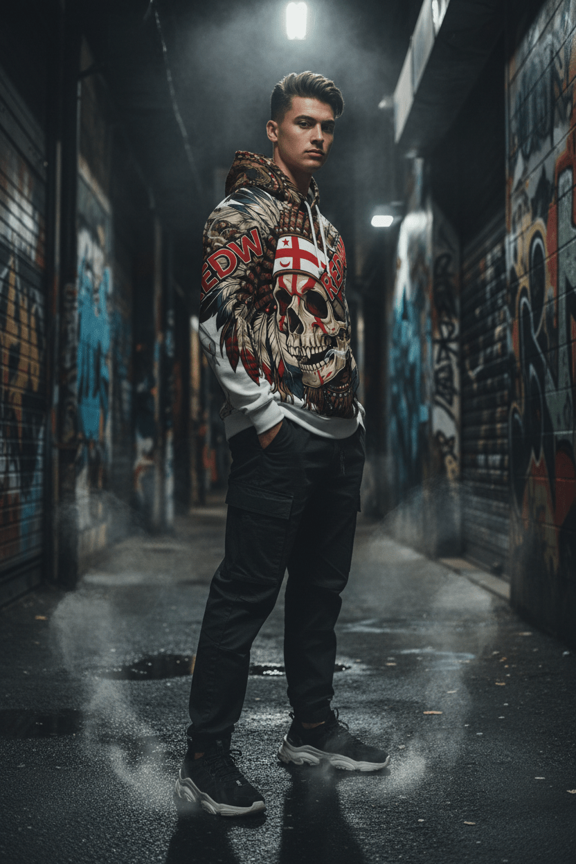 Redway Skull Hooded Sweatshirt — Native Headdress Graphic HoodieEmber Spirit Apparel