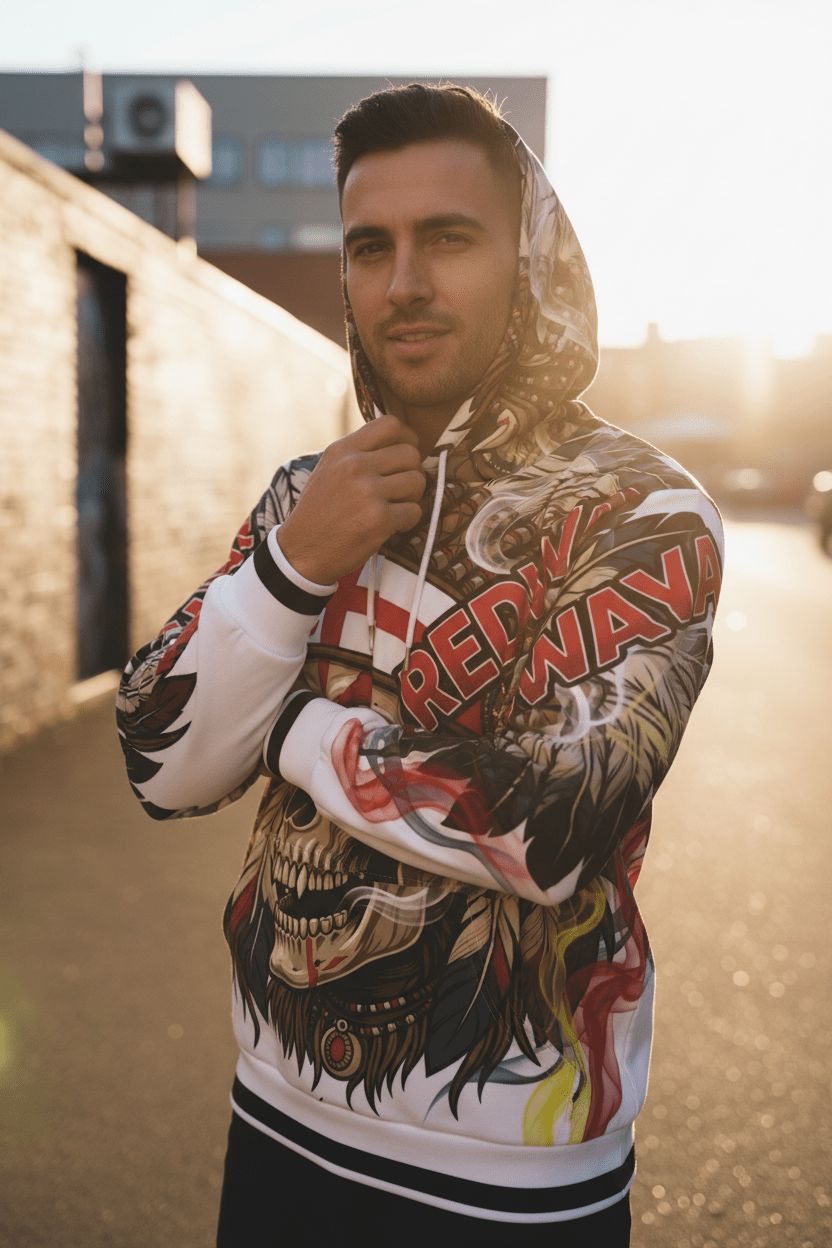 Redway Skull Hooded Sweatshirt — Native Headdress Graphic HoodieEmber Spirit Apparel