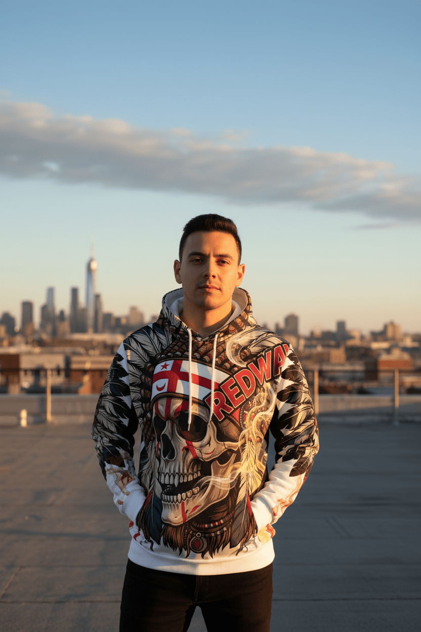 Redway Skull Hooded Sweatshirt — Native Headdress Graphic HoodieEmber Spirit Apparel
