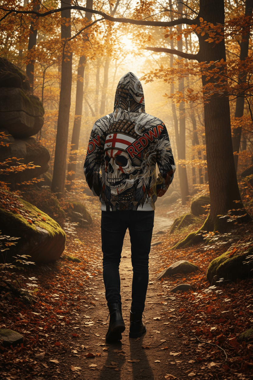 Redway Skull Hooded Sweatshirt — Native Headdress Graphic HoodieEmber Spirit Apparel