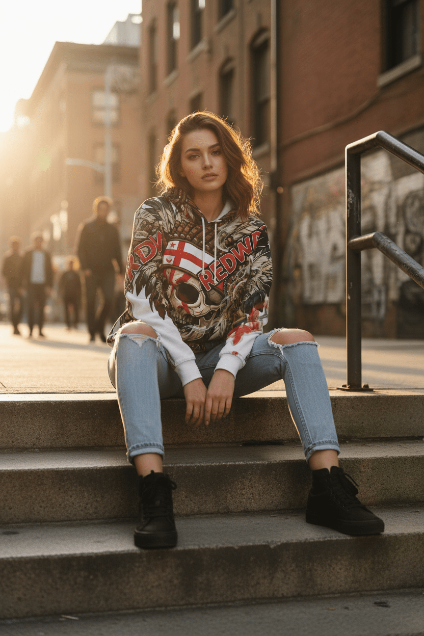 Redway Skull Hooded Sweatshirt — Native Headdress Graphic HoodieEmber Spirit Apparel