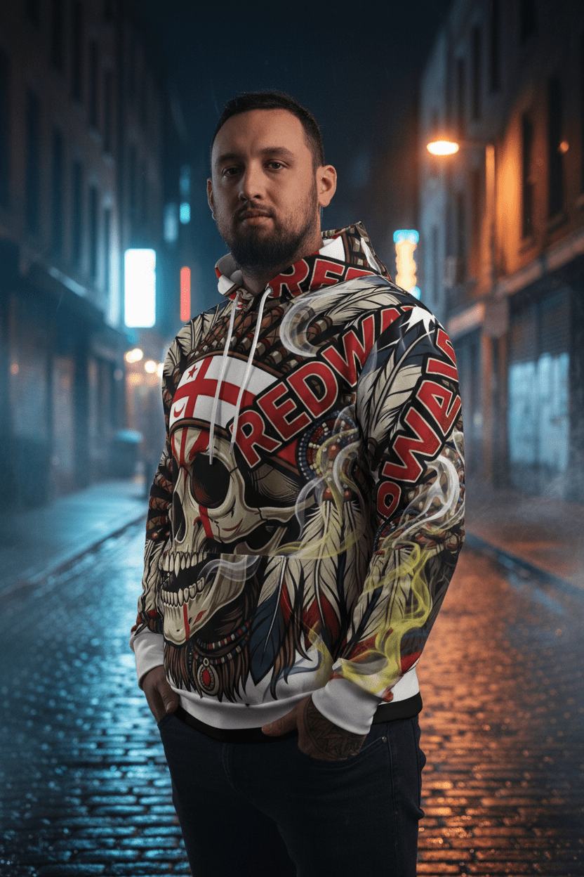 Redway Skull Hooded Sweatshirt — Native Headdress Graphic HoodieEmber Spirit Apparel