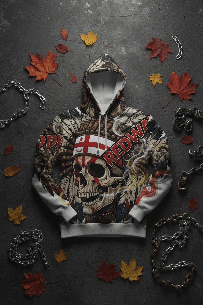 Redway Skull Hooded Sweatshirt — Native Headdress Graphic HoodieEmber Spirit Apparel