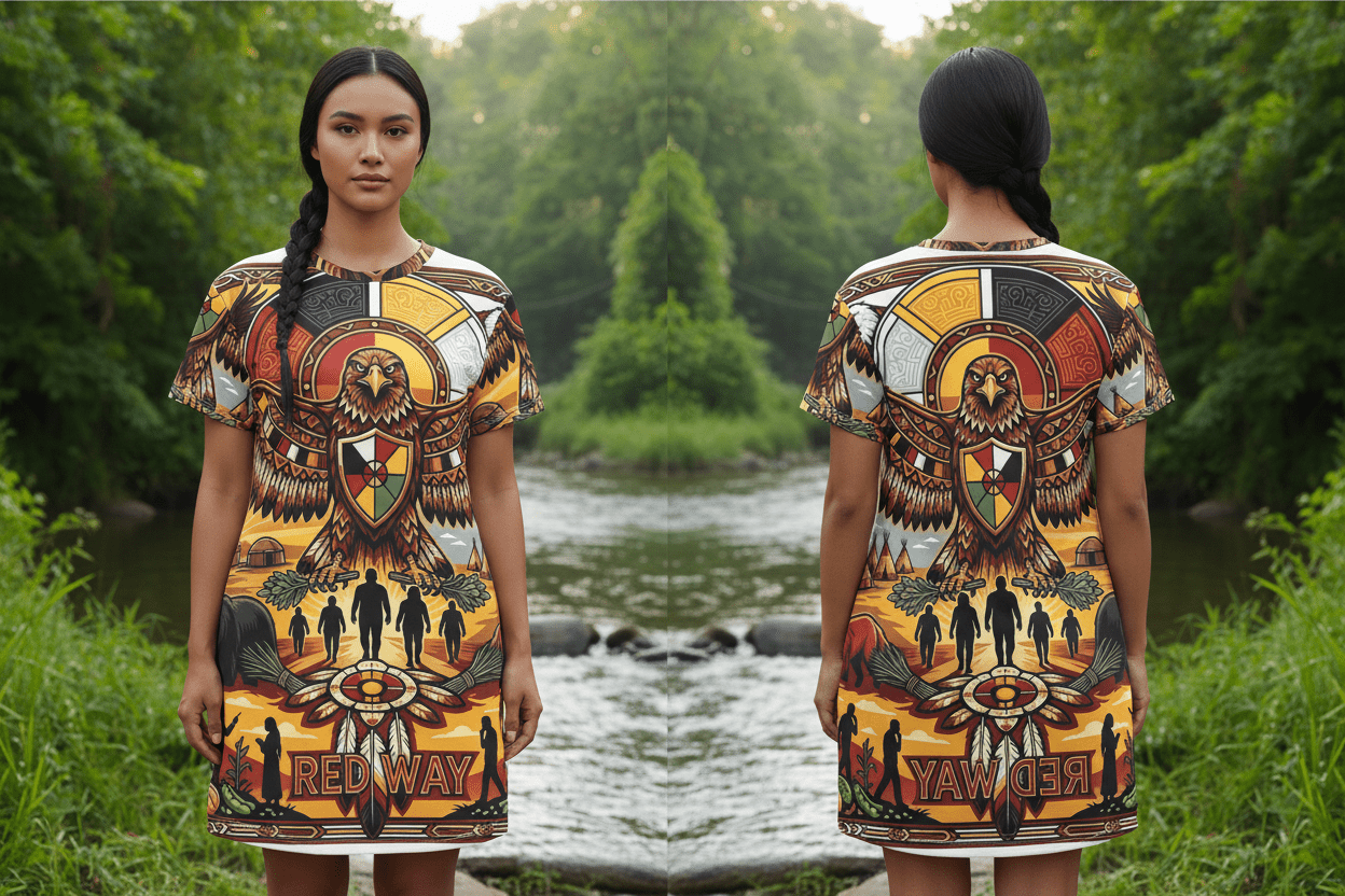 RedWay Thunderbird Strength T-Shirt Dress — Indigenous - Inspired AOP DesignEmber Spirit Apparel