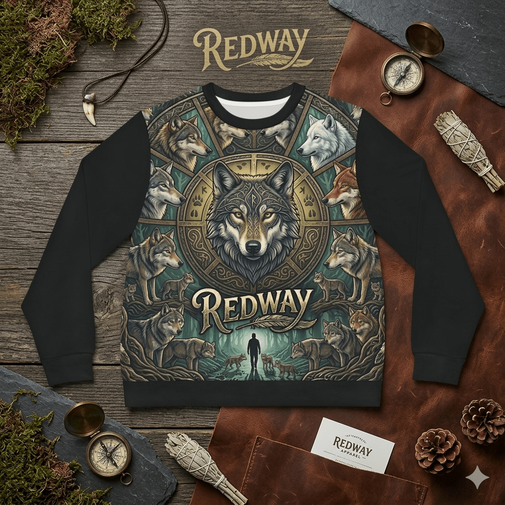 Redway Wolf Mandala Sweatshirt — Mythic Wolf Graphic CrewneckEmber Spirit Apparel