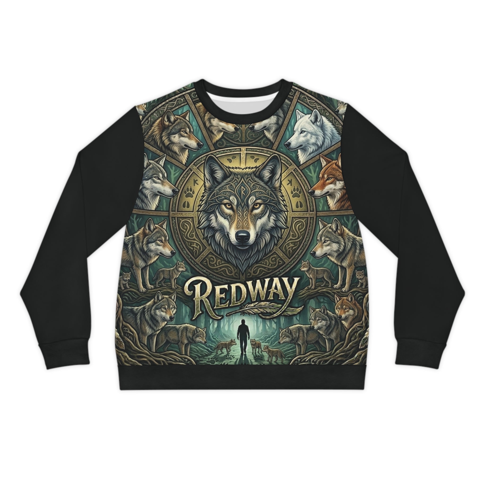 Redway Wolf Mandala Sweatshirt front view — mythic wolf graphic crewneck