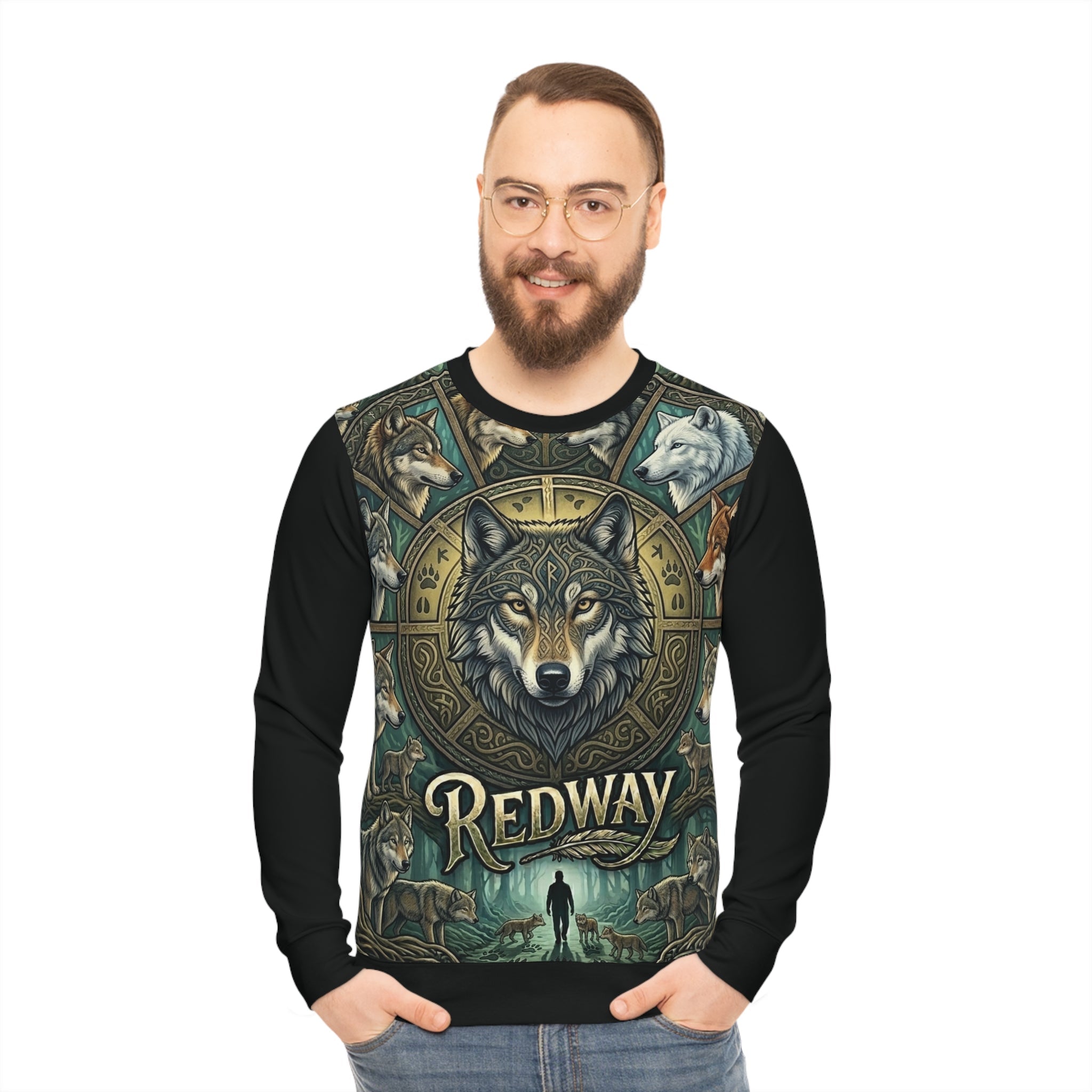Redway Wolf Mandala Sweatshirt side profile — layered wolf forest emblem