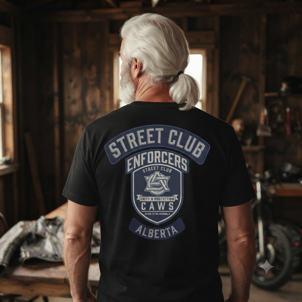 Street Club Enforcers Tee — CAWS (Children Animals Women Seniors) Protection Crest T-Shirt