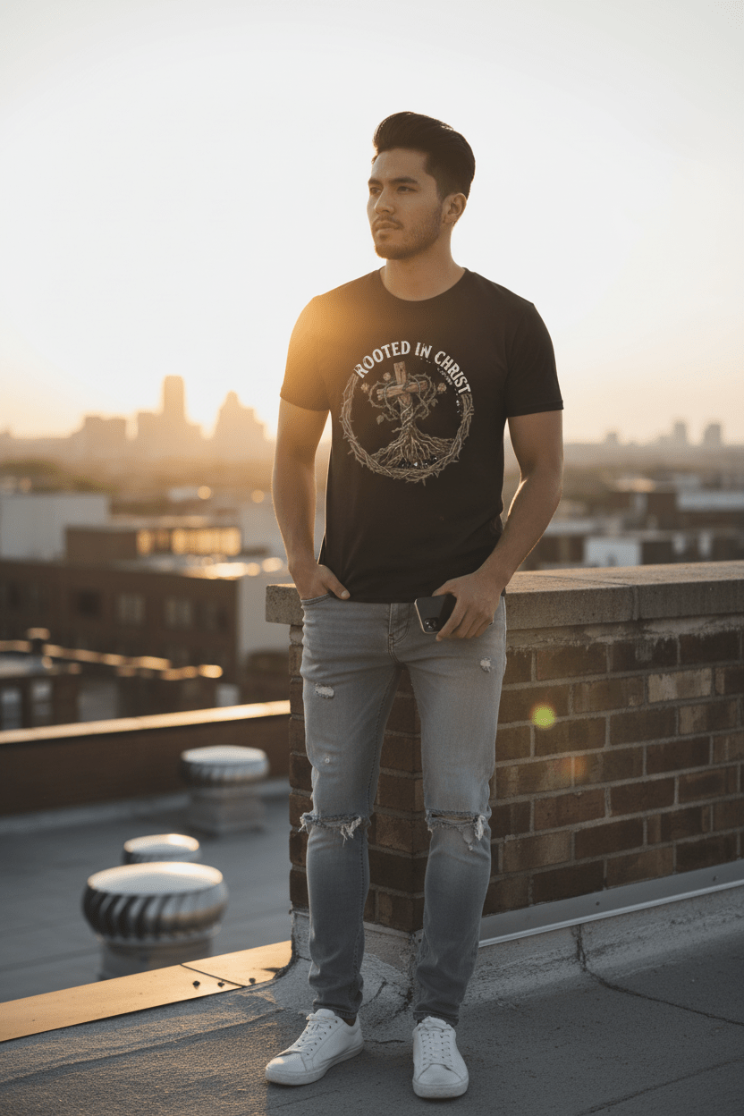 Rooted in Christ T‑Shirt — Christian Tree of Life Faith TeeEmber Spirit Apparel